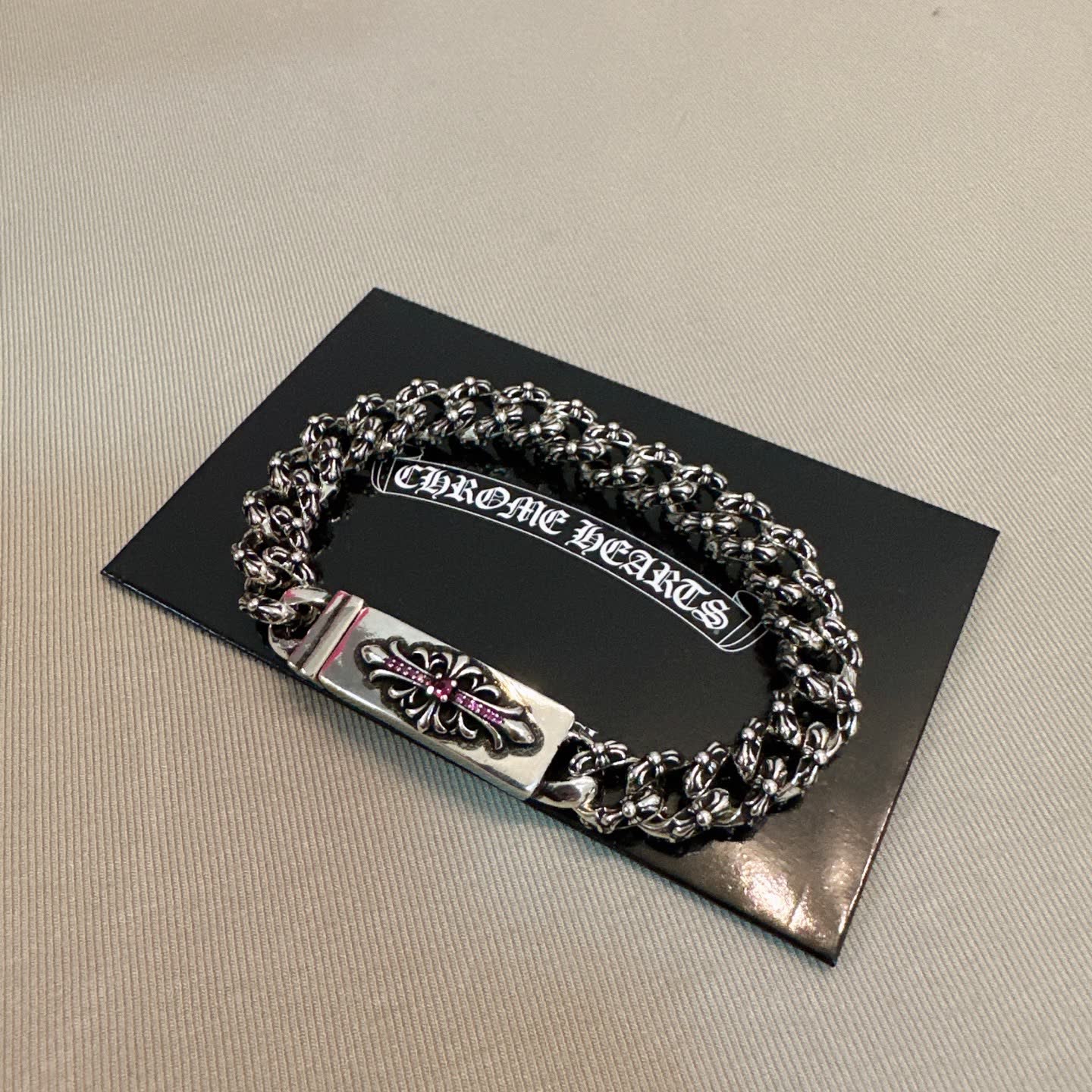 Chrome Hearts Silver Bracelet with Pink Crystal Cross Clasp